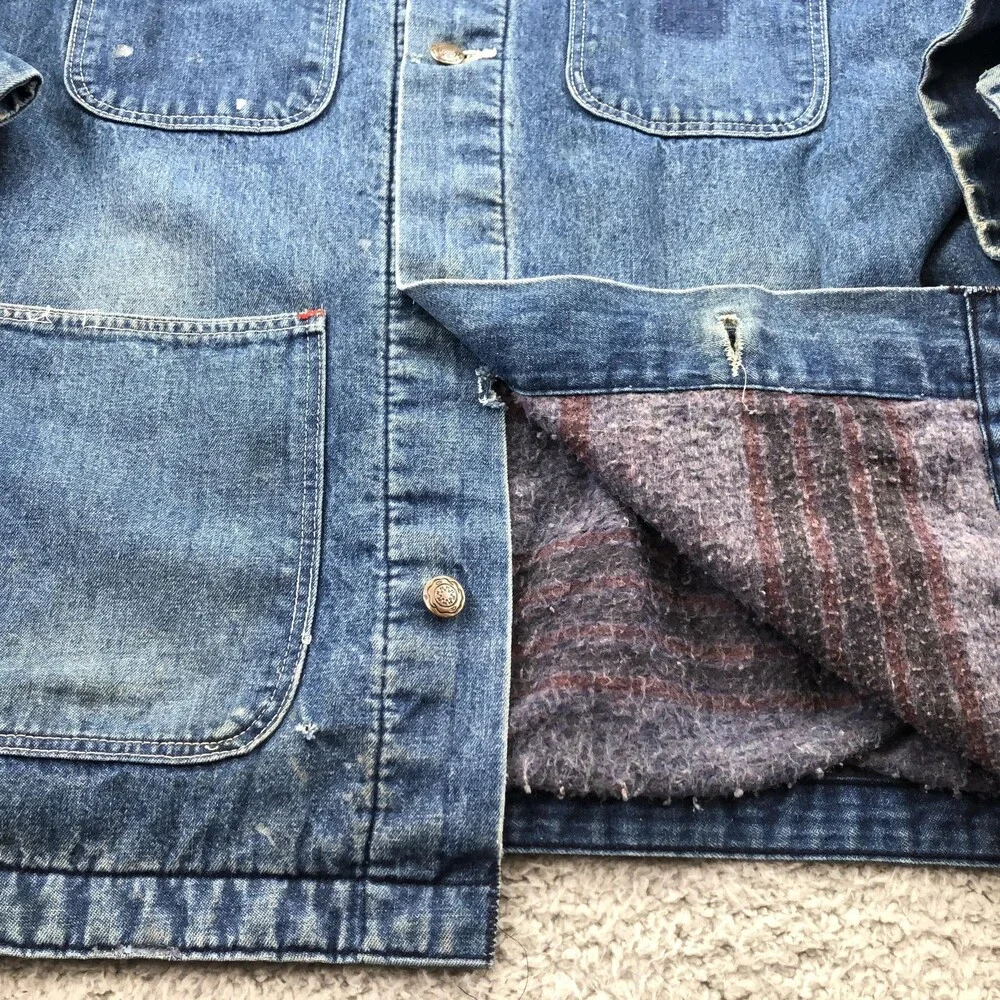 Vintage Denim Coat Mens 48 Blue Blanket Lined Chore Corduroy Collar USA Workwear